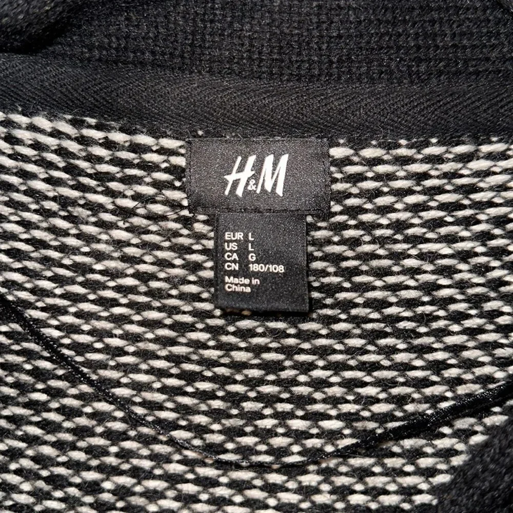 H&M L Black White Checkered Knit Wool Blend Shawl Button Front Cardigan Sweater